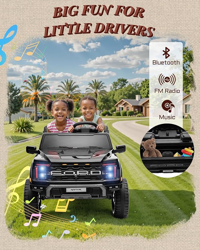 First Ride On 24V Ride on Toys for Big Kids, Licensed Ford F-150 Raptor 2 Seater Kids Ride on Car w/Remote Control, Toddler Electric Car w/LED Lights, Bluetooth, Truck Bed Storage, Soft Start (Black)