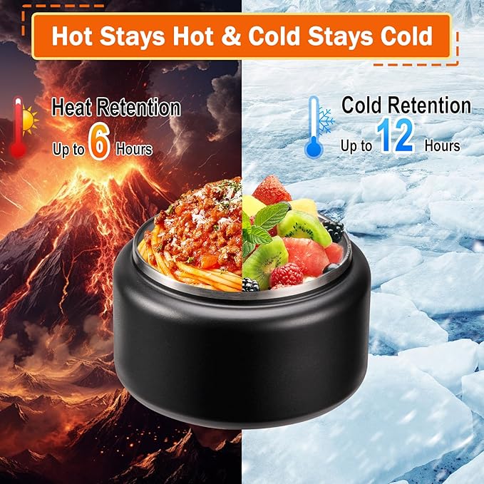 13.5oz Kids Jar for Hot Food, Insulated Vacuum Food Jar with Buckle Lid, Stainless Steel Wide Mouth Leak Proof Insulated Lunch Container for School Picnic Travel, Black