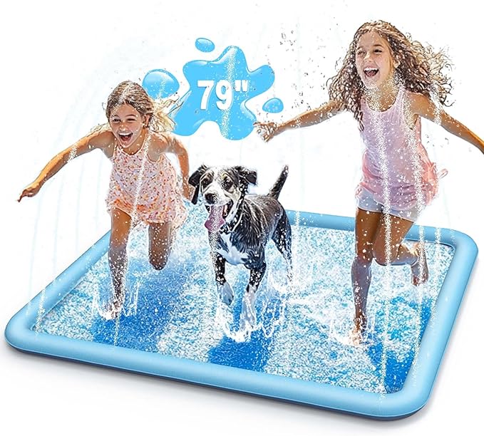 Dog Splash Pad for Kids & Dog, Outdoor Water Toys with Non-Slip Surface, Fun Backyard Water Play Mat, Easy to Install (79 inch, Blue)