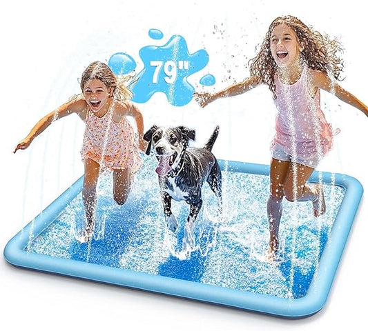 Dog Splash Pad for Kids & Dog, Outdoor Water Toys with Non-Slip Surface, Fun Backyard Water Play Mat, Easy to Install (79 inch, Blue)