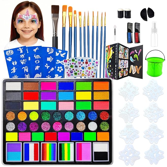 Face Painting Kit for Kids, 50 Colors Water Activated Face Paint Kit, Non-Toxic Professional Makeup Palette with Stencils, Gems, Brushes, Hair Dye Comb & Bucket for Kids Parties & Christmas