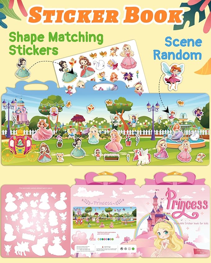 Benresive Reusable Sticker Book for Toddlers 2-4 Years, Fun Travel Stickers for Kids, Waterproof Sticker Books for Toddlers 1-3, Crafts Activities for Toddler 1-3 2-4 3-5 - Princess