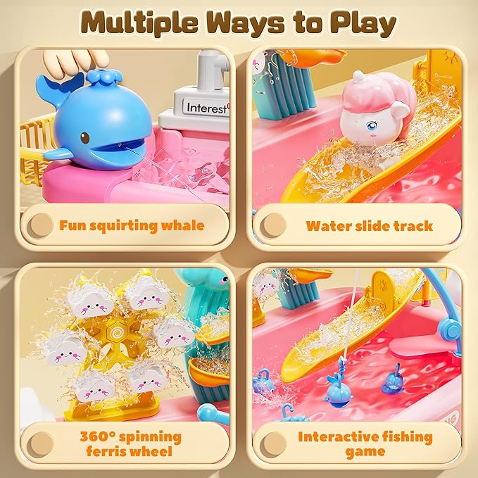 CUTE STONE Play Kitchen Sink with Running Water, Toddler Play Sink for Kids, Toy Sink with Electric Faucet, Fishing Game, Pretend Dishwasher, Water Table Toys & Kitchen Accessories for Girls