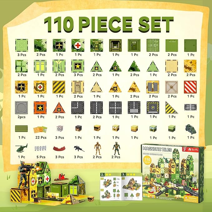 VigorFun Army Magnetic Tiles Building Toys Set for Kids Ages 3-5 4-8, STEM Military Magnetic Blocks with Army Men for Toddler, Educational Sensory Magnet Toys Gifts for Boys Girls Learning Classroom
