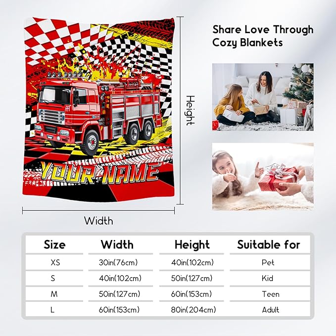 Boys Blanket, Fire Truck Blanket for Boys, Personalized Throw with Name, Custom Car Gifts for Kids, Warm Fleece Throw for Couch & Sofa, 30"x40"