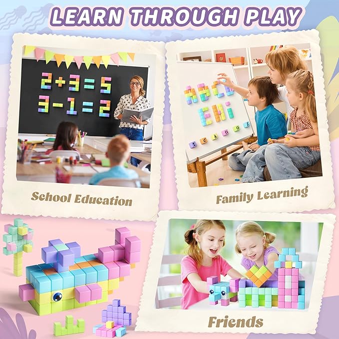 116PCS Magnetic Blocks with Magnet Eyes Toy, Magnetic Building Blocks with Storage Bag for Kids Gifts, STEM Preschool Sensory Magnetic Cubes for Toodlers Boys Girls Ages 3 4 5 6 7 8, Macaron Color