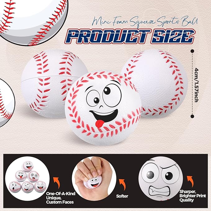 24 Pcs Mini Face Baseball Stress Balls for Boys Girls Fidget Toys Bulk Foam Balls for Stress and Anxiety Relief Balls for Party Favors Birthday Gift Decoration