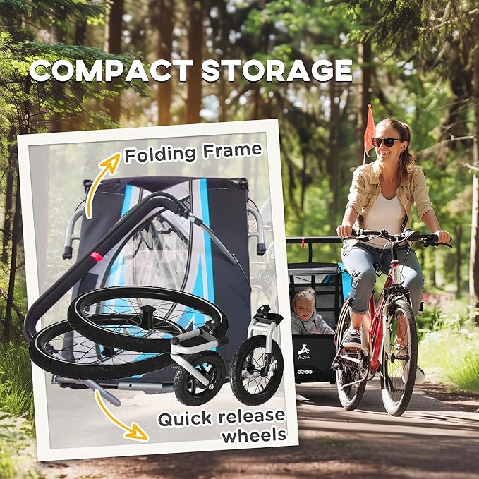 Aosom 3-in-1 Walk/Jog/Ride Child Baby Bike Trailer for Kids 2 Seater, High-Visibility Bike Stroller for Toddler Wagon, Weather-Strong Double Bicycle Trailer Accessory for Kids