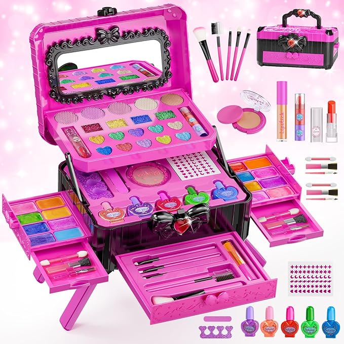 Kids Makeup Sets for Girls - Washable Toddler Makeup Toys with Mirror, Dressing Table with Stand Kids Play Makeup Kits for 3 4 5 6 7 8-12 Year Old Little Girls Birthday & Christmas