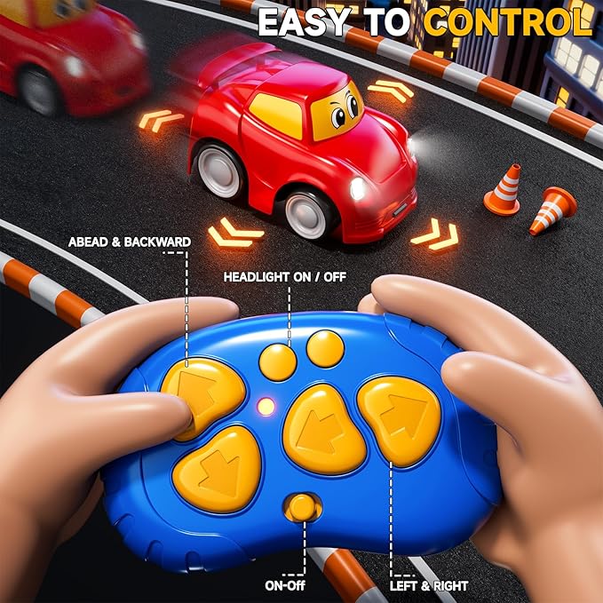 Remote Control Car 2 Year Old, Toddler RC Cars Ages 2-4 Boy, 2-Pack 2.4 GHz Truck and Race Car with Sound and Light, Easy Electrical Remote Control Toy Gifts for Boys Girls 3 4 5+ Year Old