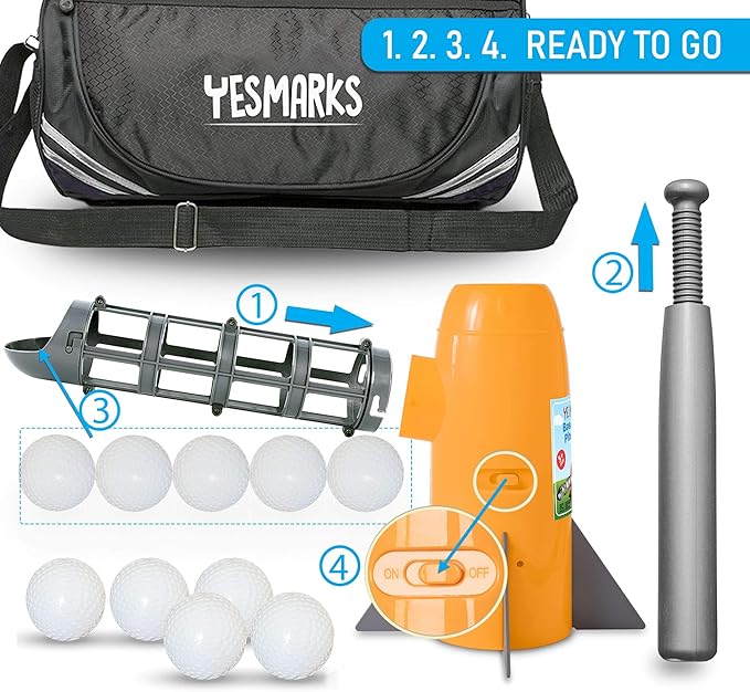 Kids Auto Baseball Pitching Machine Outdoor Toy Set - Training Equipment & Batting Practice Toys for Youth, Includes 10 Baseballs, Baseball Bat and Sports Bag