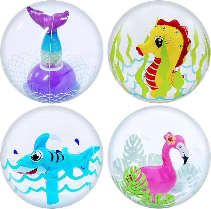 4E's Novelty 3D Beach Balls - 4 Pack 13" Inflatable Pool Toys, Flamingo, Mermaid, Shark, Sea Horse Unique Pool Ball, Ocean Under The Sea Party Decorations for Kids Toddlers Adult