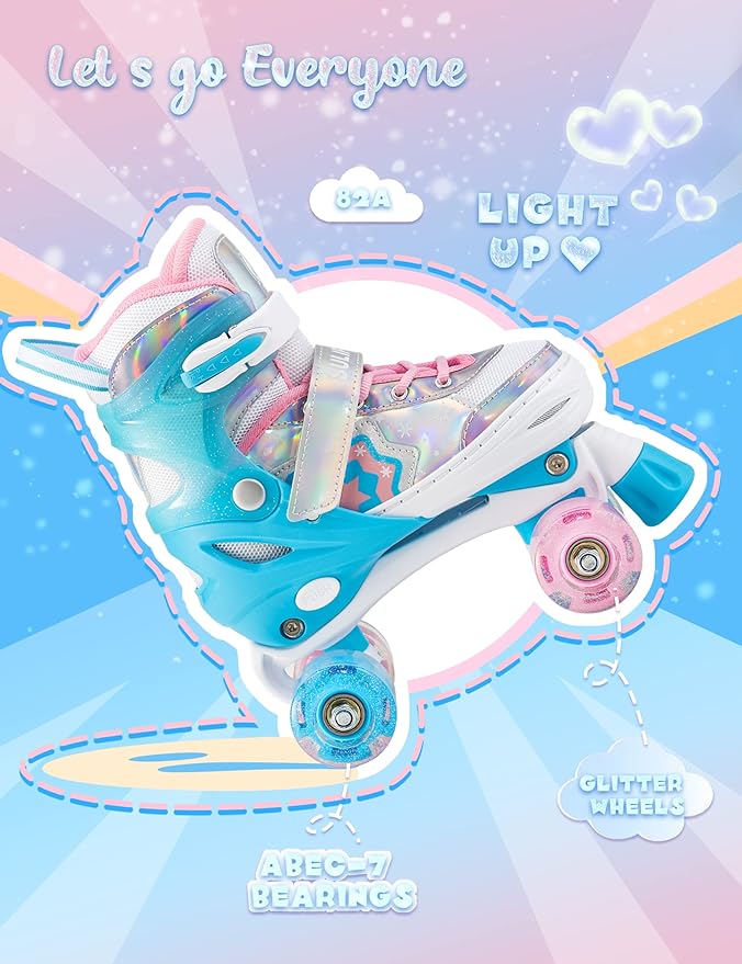 SULIFEEL Rainbow Unicorn 4 Size Adjustable Light up Roller Skates for Girls Boys for Kids