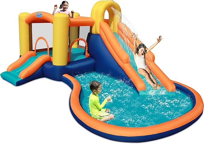 Action Air Water Slide - Inflatable Bounce House with Blower for Indoor & Outdoor - Jump Bouncy Castle with Slide - Big Bouncy Area, Big Pool, Love for Kids