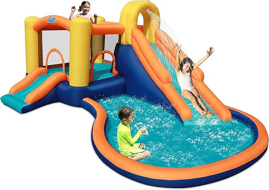Action Air Water Slide - Inflatable Bounce House with Blower for Indoor & Outdoor - Jump Bouncy Castle with Slide - Big Bouncy Area, Big Pool, Love for Kids