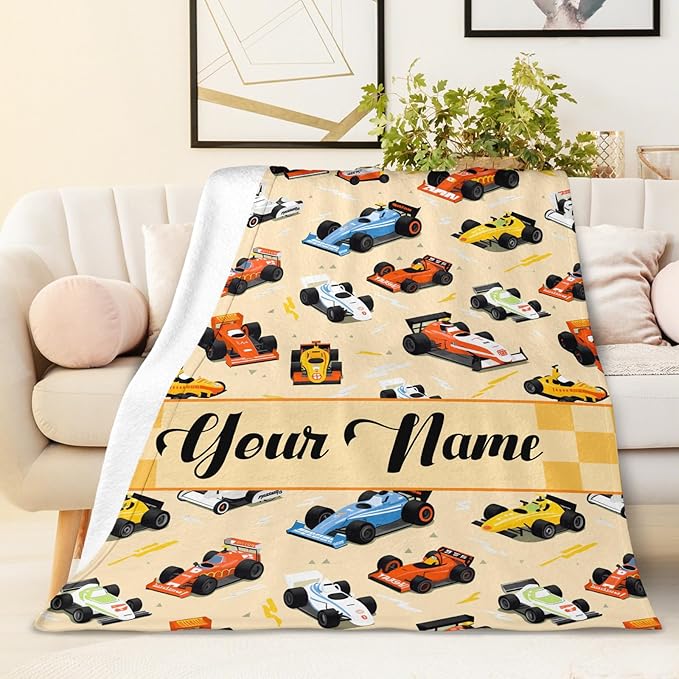 Personalized Cars Blankets for Boys, Custom Racing Car Blanket Gifts with Name for Cars Lovers, Yellow 30x40 Inches Cute Soft Fuzzy Throws for Couch, Sofa & Bed