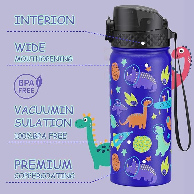 GOPPUS Kids Water Bottle (Straw Lid)-18oz Vacuum Insulated Stainless Steel, Reusable Tumbler for School, Boys, Girls,Blue Space Dinosaur