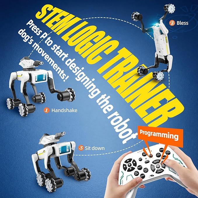 3 in 1 Robot Dog with Wheels Kit, 30+ Bionic Actions, Voice & Remote Control, Programmable Moves, Rechargeable Battery, All-Terrain Stunt Pet Toy for Kids(Removable Claw & Cannon)