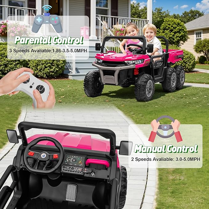24V XL 2 Seater Ride on Dump Truck, 7AH Battery Powered Golf Cart for Kids w/800W Powerful Motors, Remote Control, Detachable Awning, Dump Bed & Shovel, Electric Kids UTV for Boy Girl, Hot Pink