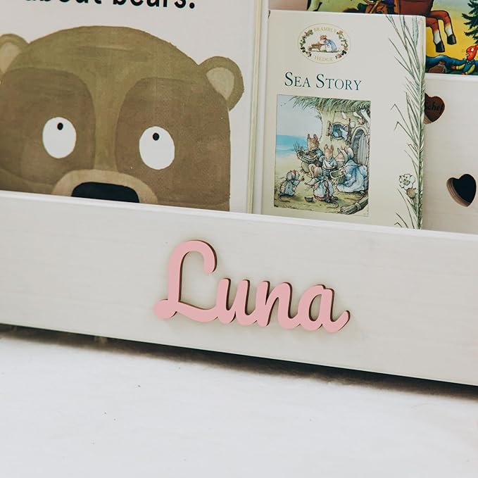 Kids Bookshelf, Furniture for Kids, Personalized Montessori Bookshelf, Open Bookcase for Playroom in Two Sizes, Wooden Shelf with Stars.