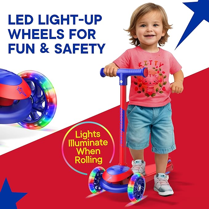 3 Wheel Scooter for Kids, Smooth Light Up LED Front Wheels, Wide Anti Slip Deck, Rear Foot Brake, Easy Lean to Steer Maneuvering, Indoor & Outdoor Ride On Toys for Ages 2 Up