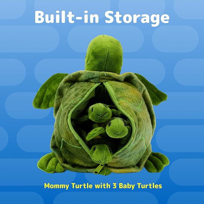 PREXTEX Plush Toys Turtle Stuffed Animal w/ 3 Baby Stuffed Turtle - Big Turtle with Zipper - 3 Little Baby Turtle Plush - Turtle Toys for Kids 3-5 - Turtle Toy - Thoughtful Gift for Turtle Lovers