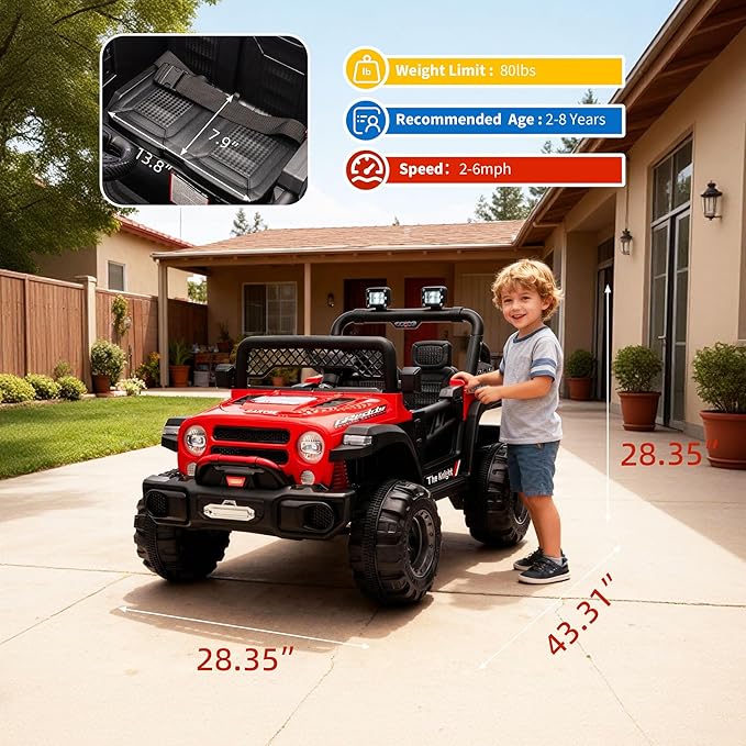 12V Kids Electric Ride on Truck，Parent Remote Control Car for Kids| Features 3 Speeds to 6MPH, 2 * 550w Moto, Spring Suspension, LED Lights, Music | for Children Aged 2-8 Years, Red