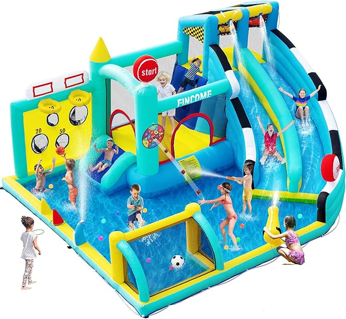 Bounce House Double Slides for Kids 3-10, Large Bounce Castle with Air Blower 550W, Pool, Jumping, Climbing, Balls, Ring Toss, Inflatable Water Park for Birthday Party Holiday Outdoor Indoor