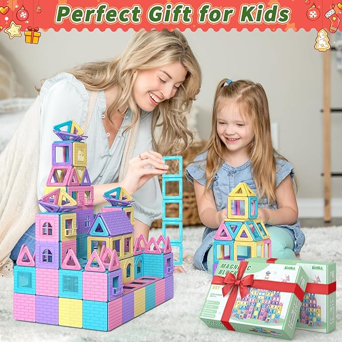 Rurvale 100Pcs Magnetic Tiles, Magnet Blocks for 3 4 5 6 7 8 Year Old Boys Girls, Learning Educational STEM Toys for Toddlers 3-5, 4-8, Building Blocks for Kids Ages 3+ Birthday Gifts