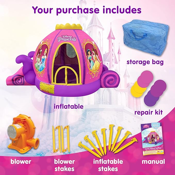 Funormous Disney Princess Carriage Inflatable Pink Bounce House with Slide and Ball Pit, Indoor Outdoor Bouncy Castle with Air Blower Kids Ages 3-8