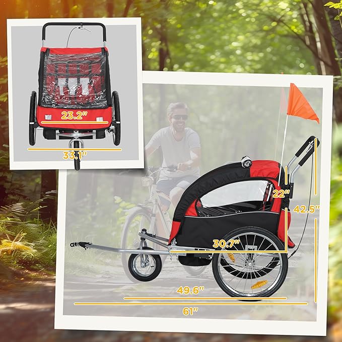 Aosom Elite 360 Swivel Bike Trailer for Kids Double Child Two-Wheel Bicycle Cargo Trailer with 2 Security Harnesses