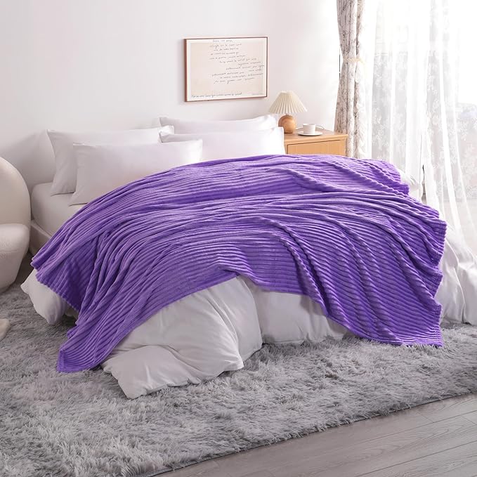 NTBAY Plush Flannel Twin Bed Blanket, 60X80 Inches Soft and Warm Lightweight Bed Blanket with Striped Texture Bed Blanket for Couch Sofa Bed All Seasons, 60"x80", Purple