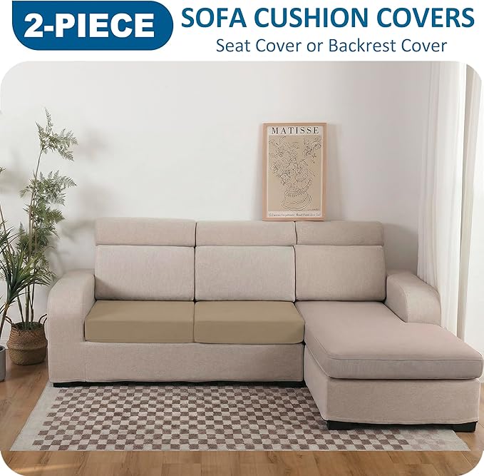 100% Waterproof Couch Cushion Covers, Replacement Sofa Cushion Covers, Stretch Individual Sofa Seat Cushion Slipcovers Furniture Protector for Kids Pets (2-Piece Loveseat Cushion Cover, Sand)