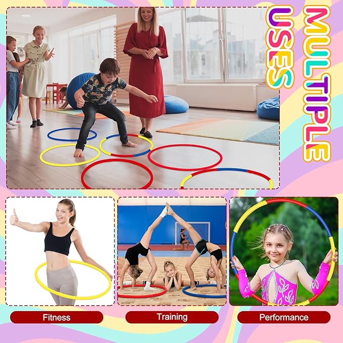 Sratte 12 Pcs Hoop for Detachable Adjustable Hoop Colored Exercise Ring Plastic Circle for Gymnastics Equipment Require Self Assembly (28 Inch,Red,Blue,Yellow)