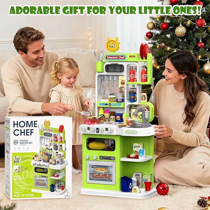 Kids Kitchen Playset, 36.22'' Play Kitchen for Toddlers 1-3 with Steam, Sound & Light, Cooking Stove, Play Sink, Oven and Toy Kitchen Accessories, Kitchen Set for Boys Girls 3 4 5 (Green)