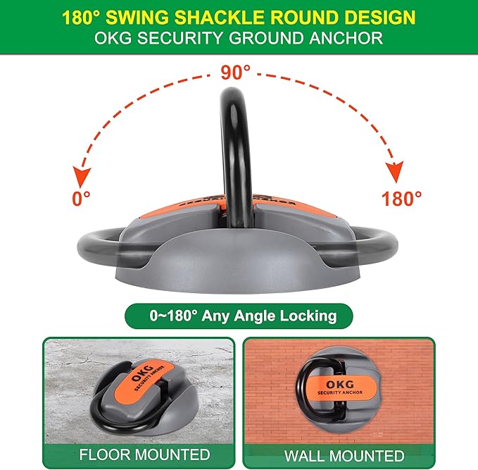 OKG Heavy Duty Security Ground Anchor, 9/16" (14mm) Thick Hardened Steel Swing Shackle - Ideal for Bicycle Anchor, Motorcycle Anchor, E-Bike Anchor, Generator Anchor Lock - Permanent Anchor Point