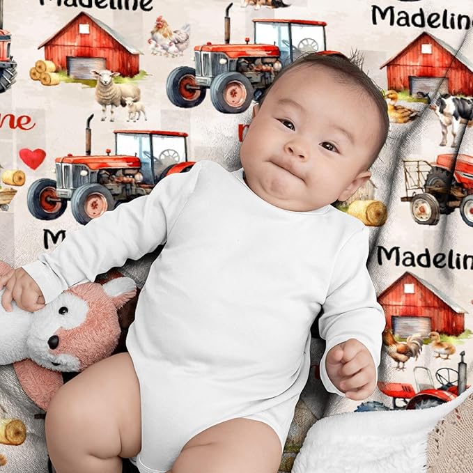 Custom Red Farm Tractor Blanket with Name PersonalizedRed Farm Tractor Blankets for Girls Boys Women Men Customized Blanket Gifts for Birthday 90"x120"for Whole Family