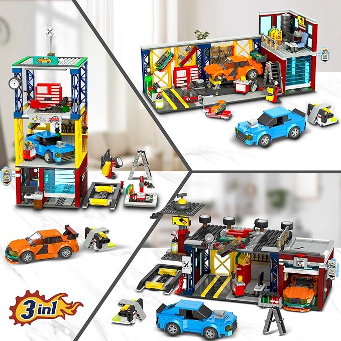 HOGOKIDS City Car Garage Building Set, 1022 PCS 3 in 1 Auto Repair Shop, Gas Station, Car Wash Building Block with 2 Custom Cars Pretend Play Mechanic Toy Birthday Gift for 10+ Kids Boys Teens Girls