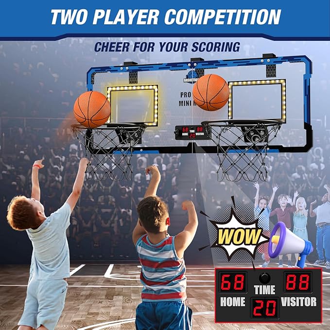 2 Player Basketball Game, Dual Shot Over The Door Mini Basketball Hoop Indoor with Scoreboard & LED, Basketball Toy Gifts for Kids Boys Girls Adults, Suit for Bedroom/Office/Outdoor/Pool, Blue