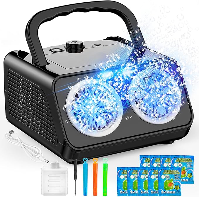 Bubble Machine Portable Bubble Maker for Kids with 2 Fans,Plug in or Battery Operated Bubble Blower,20000+ Bubbles Per Minute for Outdoor Wedding Birthday Halloween
