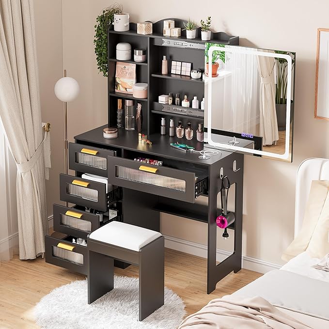 HNEBC Vanity Desk with Sliding Mirror and LED Lights, RGB Vanitys with Charging Station, Makeup Vanitys with Remote Control, White Dresser with Stool/Lager Drawers for Bedroom (Black)
