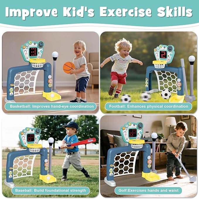 4 in 1 Adjustable Basketball Hoop Soccer Goal for Toddlers 1-3,Kids Sports Toys with Golf Baseball Toy,LED Scoreboard, Music & Educational Games,Indoor & Outdoor Baby Activity Center Age 18+M Boy Girl