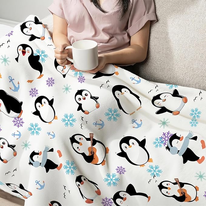 Penguin Throw Blanket for Kids, Cute Penguin Animals Fleece Blanket Gifts for Boys Girls, Warm Cozy Soft Flannel Stuff for Bed Sofa Couch 80" x 60"