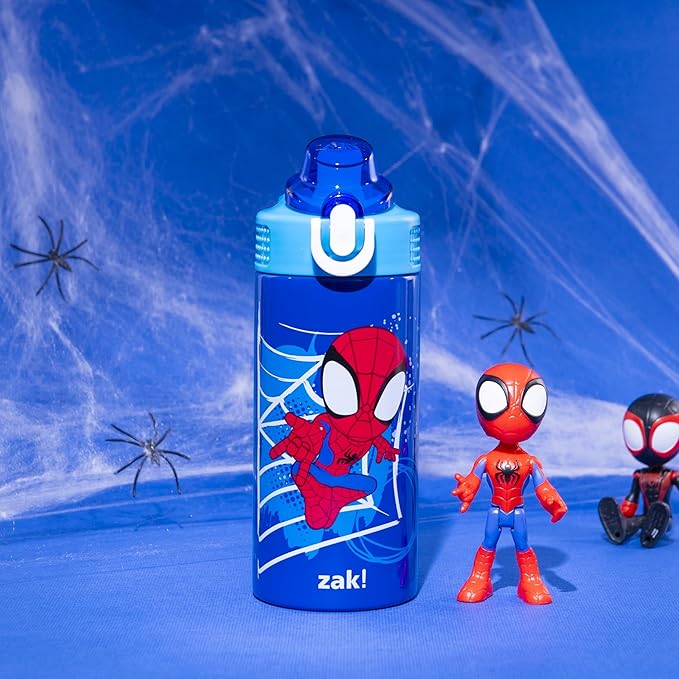 Zak Designs Marvel Spider-Man Sage Kids Water Bottle For School or Travel, 14oz Stainless Steel Water Bottle With Straw, Handle, and Leak-Proof, Pop-Up Spout Cover (Spidey and His Amazing Friends)
