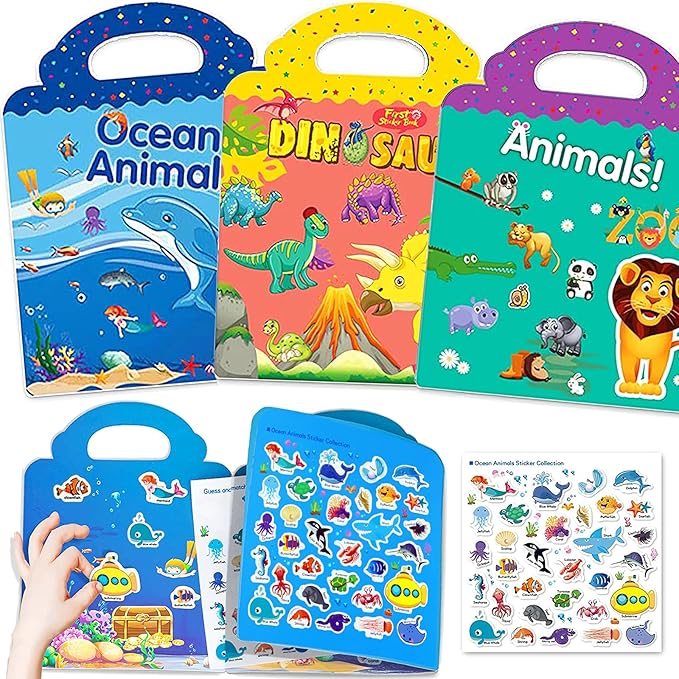 Reusable Sticker Books for Kids, 3 Sets Travel Removable Toddler Sticker Books for 3 4 5 Year Old Girls Boys Birthday Gifts Educational Learning Toys for Age 3-5 - Ocean & Zoo Animals, Dinosaur
