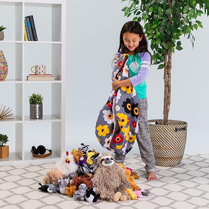 Posh Stuffable Kids Stuffed Animal Storage Bean Bag Chair Cover - Childrens Toy Organizer, Medium 27" - Canvas Multicolored Flowers on Gray