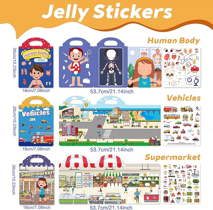 6 Sets Reusable Sticker Books for Toddlers 2-4 Years, Jelly Sticker Activity Books for Kids, Travel Toys for Toddlers Ages 2+ Girls & Boys
