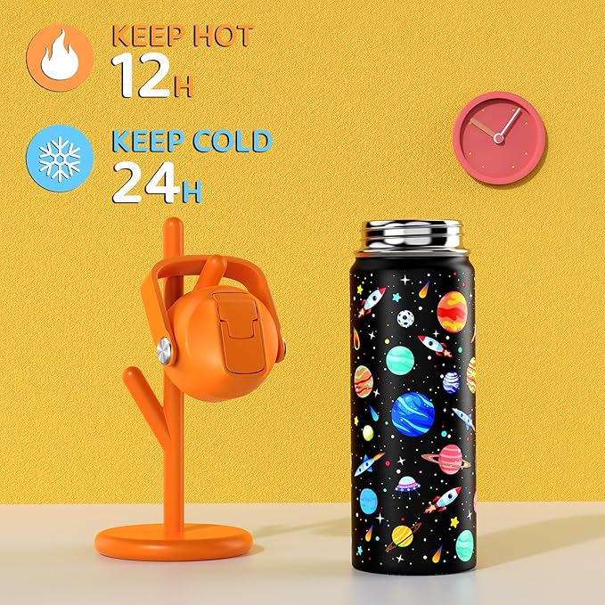 18oz Kids Insulated Water Bottle with Straw Lid - 18/8 Stainless Steel Kid Cup BPA-FREE Travel Tumbler Double Wall Vacuum Leak Proof Portable Toddler Water Bottle (Space)