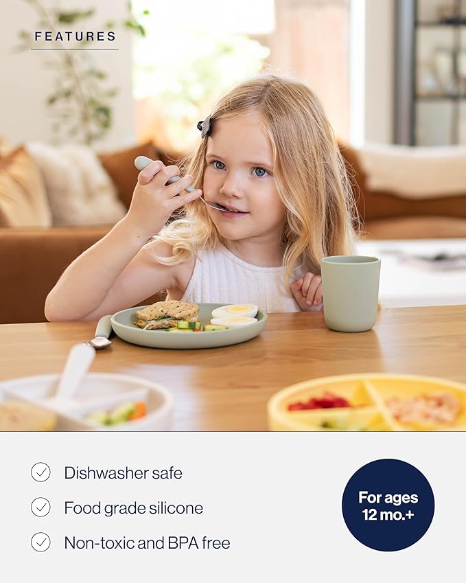 Lalo Big Bites Kids Dinnerware Full Set - Dishwasher Safe, BPA Free, Kids Tableware Set - Includes Stackable Bowl, Plate, Utensils & Cup - 7 Pieces - Oatmeal