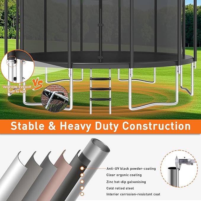 1500LBS 8 10 12 14 15 16 FT Tranpoline for Adults/Kids with Safety Enclosure Net, Basketball Hoop, Ball, Wind Stakes and Ladder, Heavy Duty Outdoor Recreational Tranpolines for Family